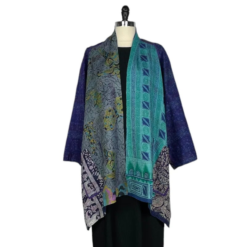 Women's denim jackets with a patchwork design for a bohemian and artsy styleVINTAGE SILK A-LINE JACKET Women's denim jackets with a patchwork design for a bohemian and artsy styleVINTAGE SILK A-LINE JACKET