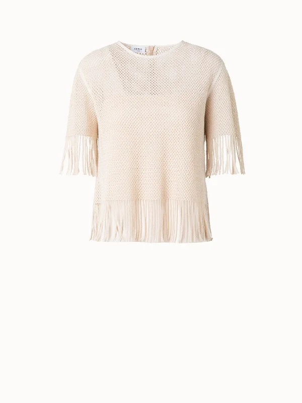 Women's long - line cardigan jackets in a soft knit for a cozy and elegant lookT-Shirt in Cotton Mesh wth Fringes Women's long - line cardigan jackets in a soft knit for a cozy and elegant lookT-Shirt in Cotton Mesh wth Fringes