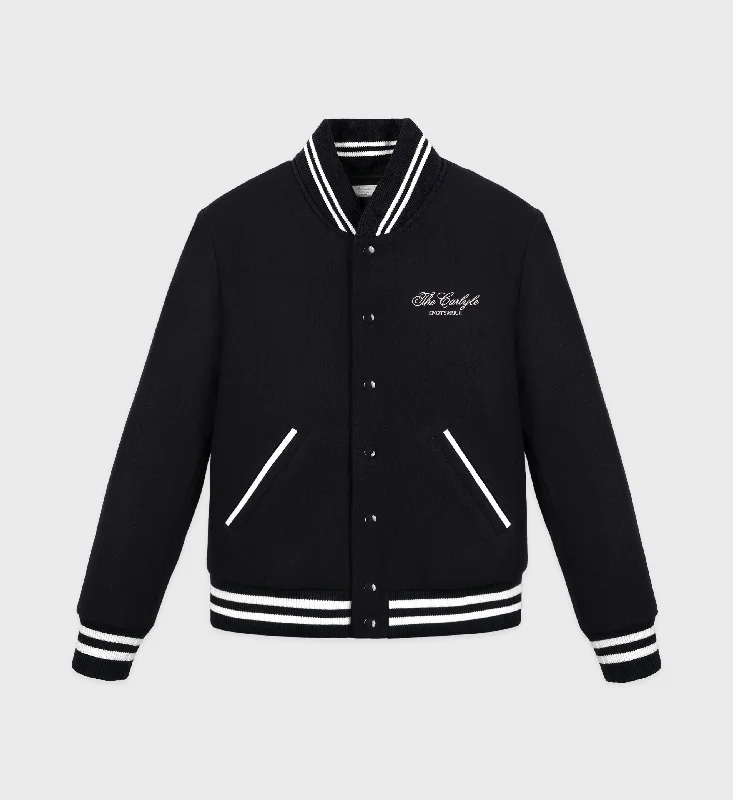 Women's faux fur coats in bright colors for a bold fashion statementThe Carlyle Crest Wool Varsity Jacket - Black/White Women's faux fur coats in bright colors for a bold fashion statementThe Carlyle Crest Wool Varsity Jacket - Black/White