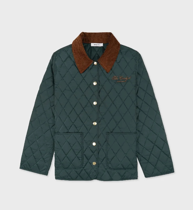 Oversized women's wool coats in a monochromatic look for a trendy outfitThe Carlyle Script Nylon Quilted Jacket - Forest/Tan Oversized women's wool coats in a monochromatic look for a trendy outfitThe Carlyle Script Nylon Quilted Jacket - Forest/Tan
