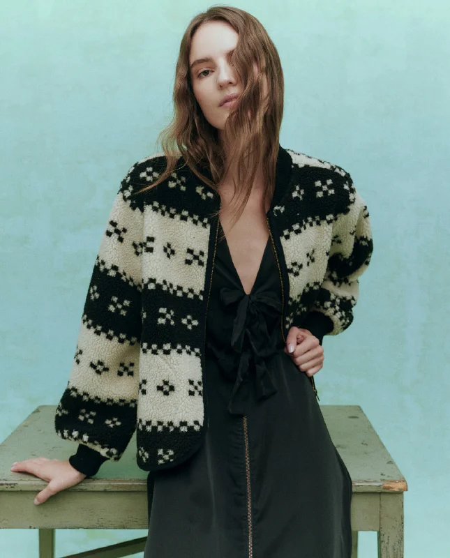 Women's trench coats with a removable belt for customizable stylingThe Plush Bomber. -- Black Geo Women's trench coats with a removable belt for customizable stylingThe Plush Bomber. -- Black Geo