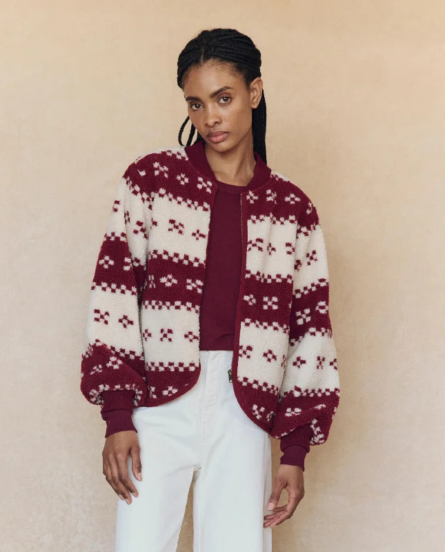 Women's cropped satin jackets in pastel shades for a glamorous evening outThe Plush Bomber. -- Bordeaux Geo Women's cropped satin jackets in pastel shades for a glamorous evening outThe Plush Bomber. -- Bordeaux Geo