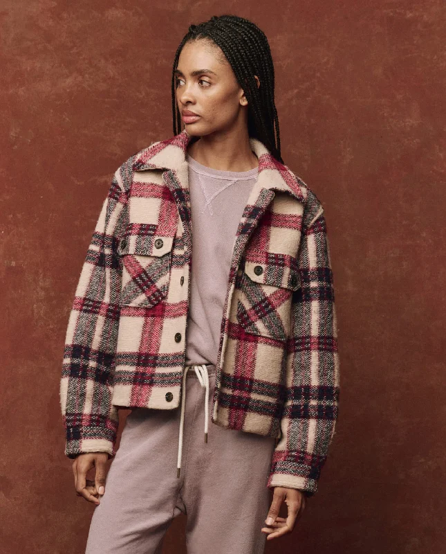 Women's bomber jackets with a holographic finish for a futuristic and eye - catching lookThe Smith Jacket. -- Larkspur Plaid Women's bomber jackets with a holographic finish for a futuristic and eye - catching lookThe Smith Jacket. -- Larkspur Plaid