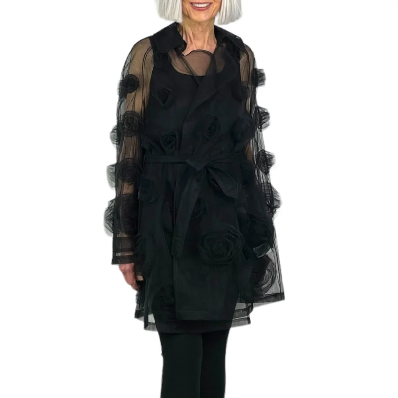 Women's cropped leather coats with silver studs for an edgy lookTULLE TRENCH COAT W/BELT Women's cropped leather coats with silver studs for an edgy lookTULLE TRENCH COAT W/BELT