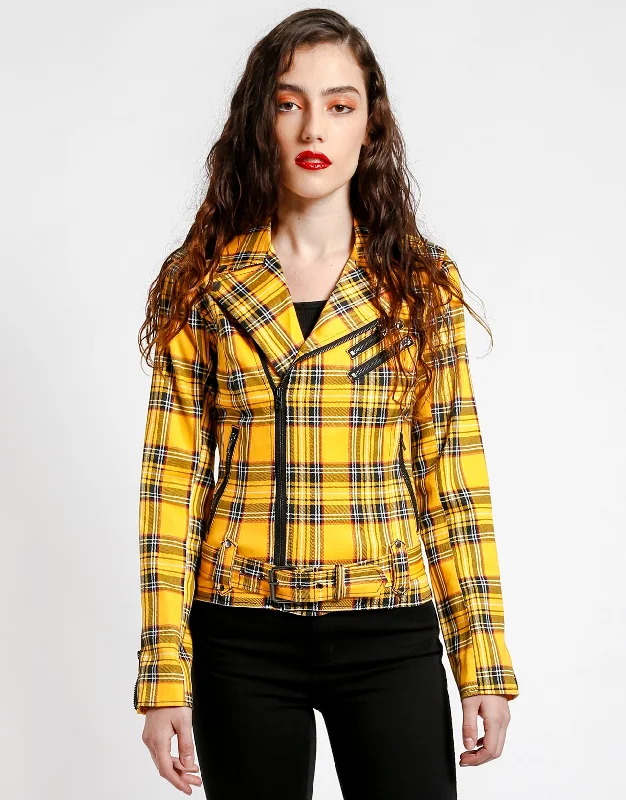 Women's quilted puffer jackets in a cropped silhouette for a modern twistWild Child Motorcycle Jacket Plaid Print Women's quilted puffer jackets in a cropped silhouette for a modern twistWild Child Motorcycle Jacket Plaid Print