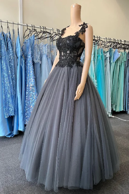 Party dresses with a handkerchief hem for a unique and flowing styleTulle Black Corset Long Prom Dress with Appliques Party dresses with a handkerchief hem for a unique and flowing styleTulle Black Corset Long Prom Dress with Appliques