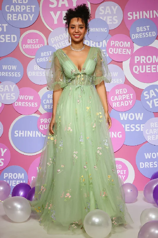 80s - inspired party dresses with bold colors and big shouldersTulle Deep V Neck Green Gorset Long Prom Dress with Embroidery 80s - inspired party dresses with bold colors and big shouldersTulle Deep V Neck Green Gorset Long Prom Dress with Embroidery