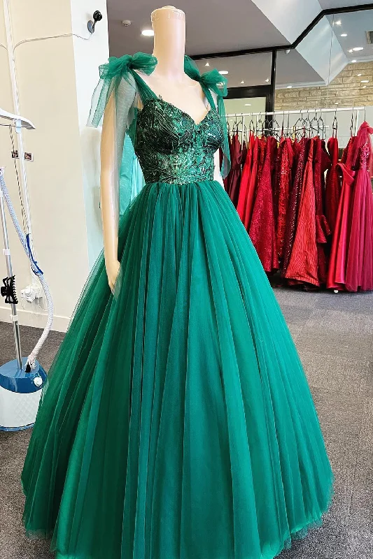 Long - length party dresses with a high - low hem for a trendy styleTulle Spaghetti Straps Lace-Up Green Long Prom Dress Long - length party dresses with a high - low hem for a trendy styleTulle Spaghetti Straps Lace-Up Green Long Prom Dress