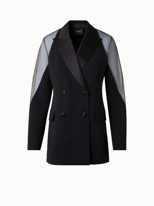Women's denim jackets with a patchwork design for a bohemian and artsy styleTuxedo Jacket with Satin Lapel and Sheer Shoulders Women's denim jackets with a patchwork design for a bohemian and artsy styleTuxedo Jacket with Satin Lapel and Sheer Shoulders