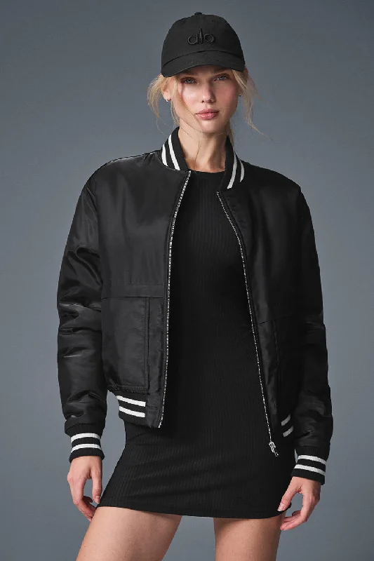 Women's long - sleeve wool coats in a houndstooth pattern for a classic charmAfterglow Varsity Jacket - Black Women's long - sleeve wool coats in a houndstooth pattern for a classic charmAfterglow Varsity Jacket - Black