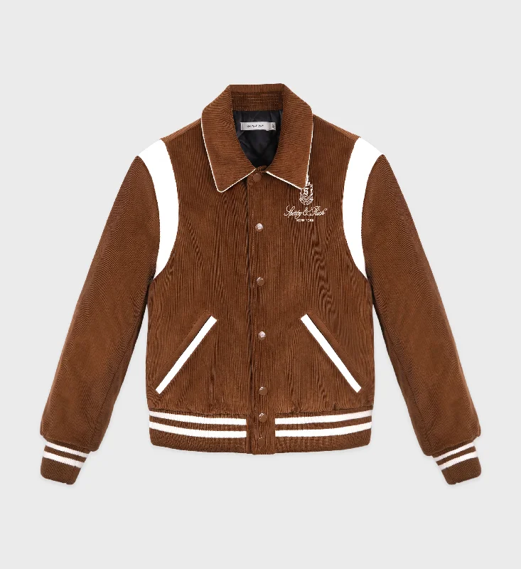 Belted women's cashmere coats in soft pastels for a luxurious feelVendome Corduroy Varsity Jacket - Tobacco/White Belted women's cashmere coats in soft pastels for a luxurious feelVendome Corduroy Varsity Jacket - Tobacco/White