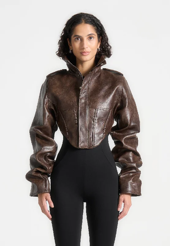 Women's double - breasted tweed jackets in classic colors for a sophisticated office lookVintage Leather Tacked Sleeve Corset Jacket - Brown Women's double - breasted tweed jackets in classic colors for a sophisticated office lookVintage Leather Tacked Sleeve Corset Jacket - Brown