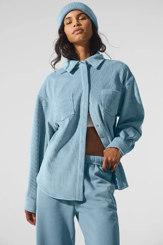 Women's knee - length wool blend coats with a fur collar for added warmthRibbed Velour Mountain Side Shacket - Celestial Blue Women's knee - length wool blend coats with a fur collar for added warmthRibbed Velour Mountain Side Shacket - Celestial Blue