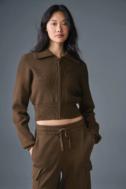 Embroidered women's cotton coats in a bohemian pattern for a unique designScholar Knit Cropped Full Zip Jacket - Espresso Embroidered women's cotton coats in a bohemian pattern for a unique designScholar Knit Cropped Full Zip Jacket - Espresso