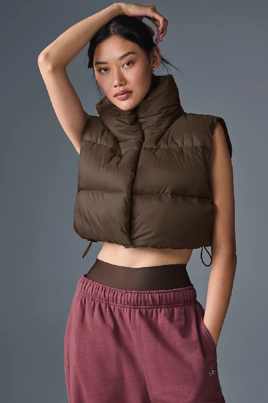 Quilted down women's coats with removable hoods for outdoor activitiesExtreme Cropped Gold Rush Puffer Vest - Espresso Quilted down women's coats with removable hoods for outdoor activitiesExtreme Cropped Gold Rush Puffer Vest - Espresso