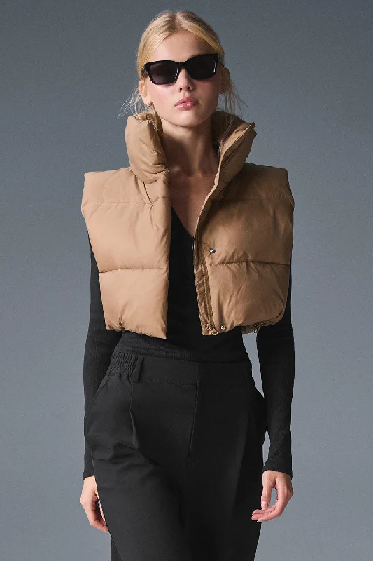 Checkered women's wool coats in a classic pattern for a timeless styleExtreme Cropped Gold Rush Puffer Vest - Toasted Almond Checkered women's wool coats in a classic pattern for a timeless styleExtreme Cropped Gold Rush Puffer Vest - Toasted Almond