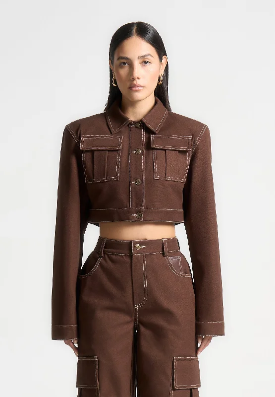 Women's denim jackets with distressed details for a casual and edgy lookWide Shoulder Drill Jacket - Brown Women's denim jackets with distressed details for a casual and edgy lookWide Shoulder Drill Jacket - Brown