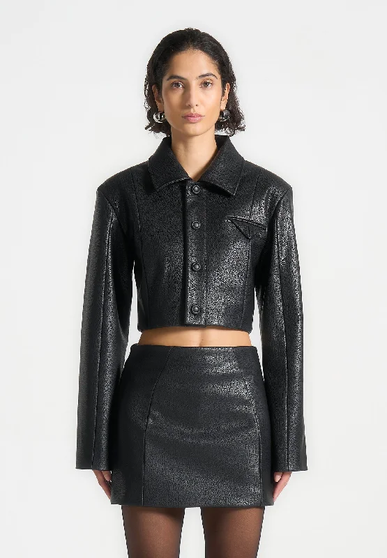 Women's shearling - lined suede jackets for ultimate warmth and luxuryWide Shoulder Pebbled Leather Jacket - Black Women's shearling - lined suede jackets for ultimate warmth and luxuryWide Shoulder Pebbled Leather Jacket - Black