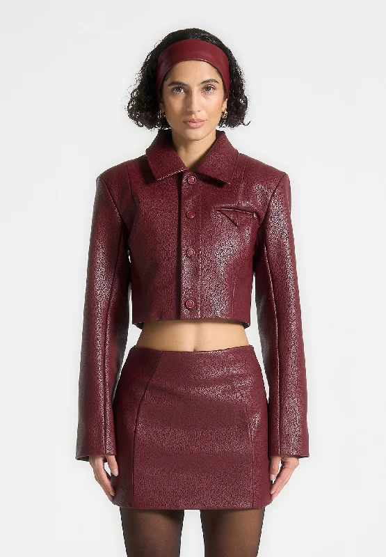 Women's long - line cardigan jackets in a soft knit for a cozy and elegant lookWide Shoulder Pebbled Leather Jacket - Wine Red Women's long - line cardigan jackets in a soft knit for a cozy and elegant lookWide Shoulder Pebbled Leather Jacket - Wine Red