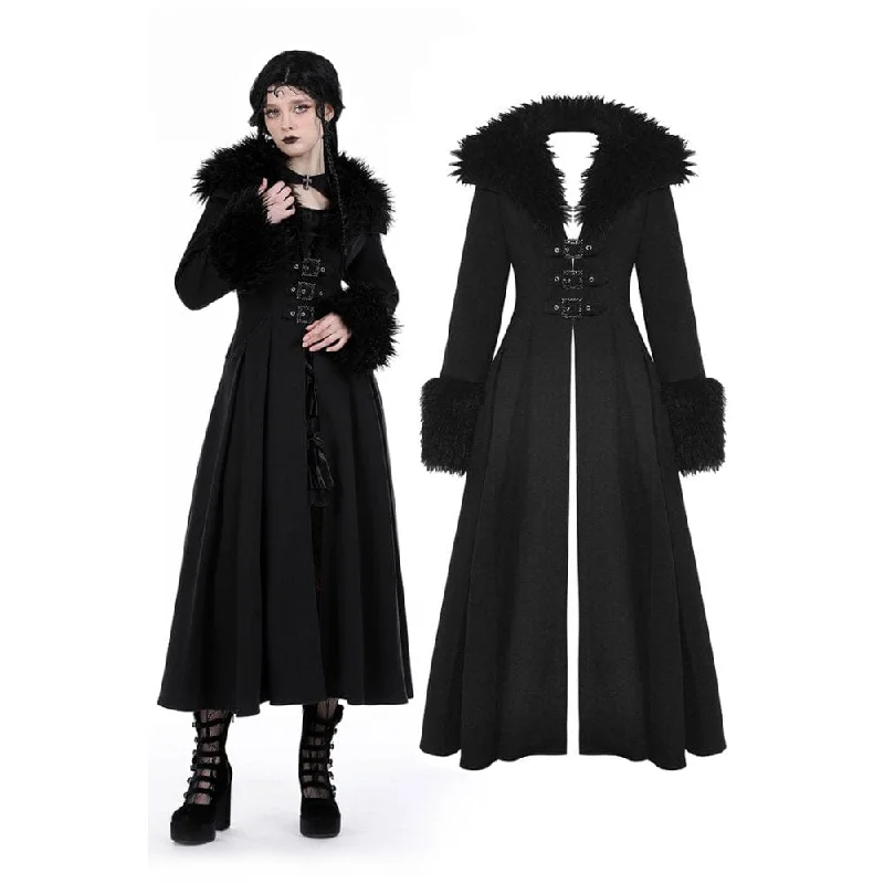 Women's knee - length wool blend coats with a fur collar for added warmthWomen's Gothic Buckle Draped Coat with Faux Fur Collar Women's knee - length wool blend coats with a fur collar for added warmthWomen's Gothic Buckle Draped Coat with Faux Fur Collar