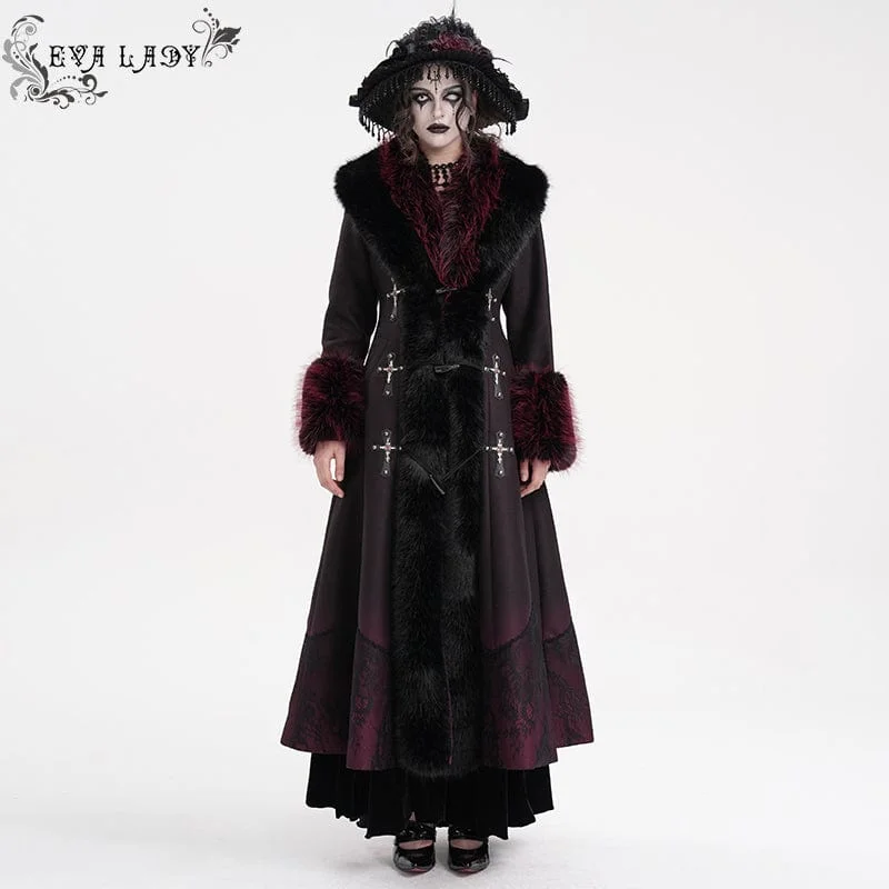 Women's knee - length wool blend coats with a fur collar for added warmthWomen's Gothic Cross Lace Coat Black Red Women's knee - length wool blend coats with a fur collar for added warmthWomen's Gothic Cross Lace Coat Black Red