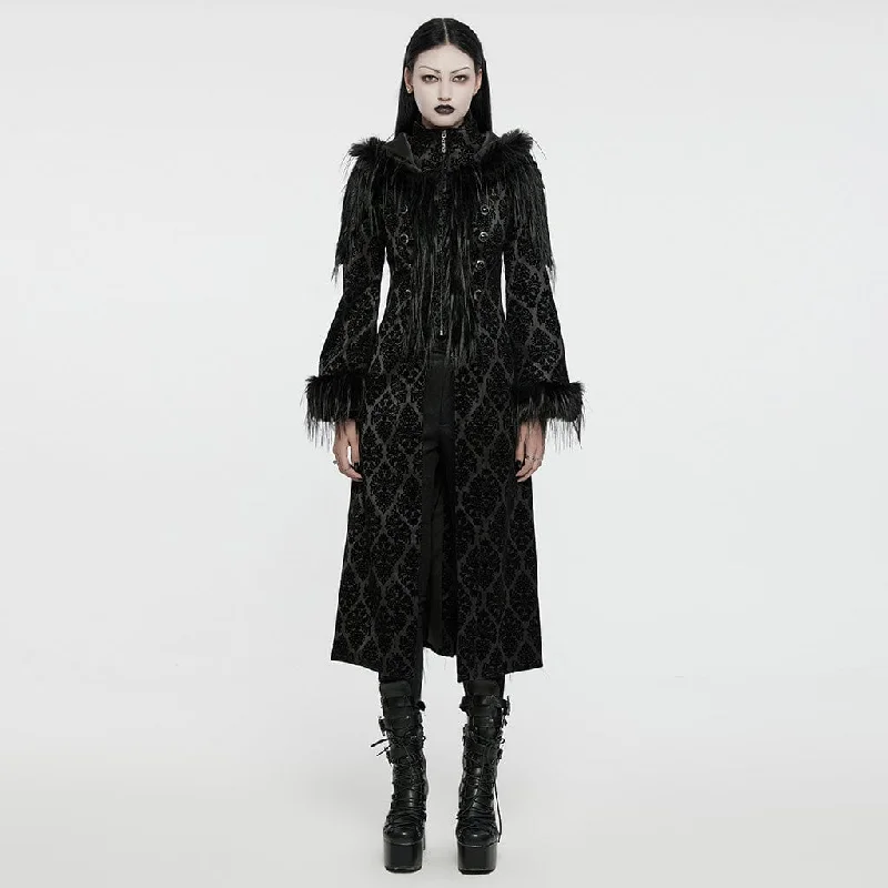 Women's reversible down coats with two - tone designs for versatile stylingWomen's Gothic Faux Fur Splice Jacquard Coat with Hood Women's reversible down coats with two - tone designs for versatile stylingWomen's Gothic Faux Fur Splice Jacquard Coat with Hood