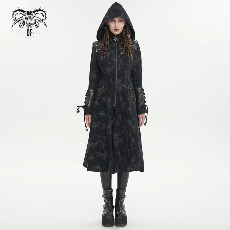 Mid - length women's down coats in a slim fit for a modern and sleek appearanceWomen's Gothic Faux Leather Splice Distressed Coat with Hood Mid - length women's down coats in a slim fit for a modern and sleek appearanceWomen's Gothic Faux Leather Splice Distressed Coat with Hood