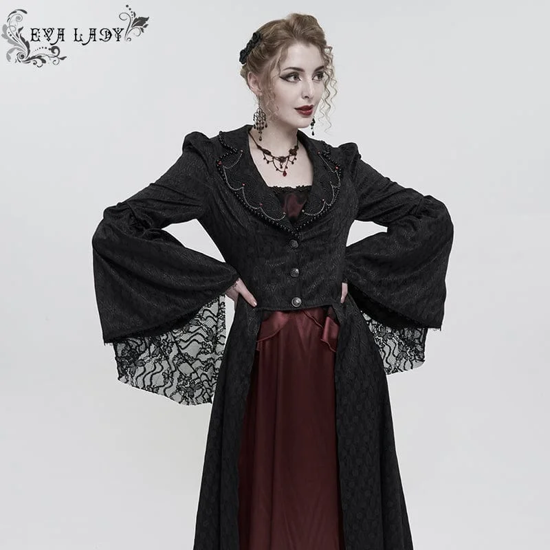 Women's knee - length wool blend coats with a fur collar for added warmthWomen's Gothic Flared Sleeved Beaded Long Coat Women's knee - length wool blend coats with a fur collar for added warmthWomen's Gothic Flared Sleeved Beaded Long Coat
