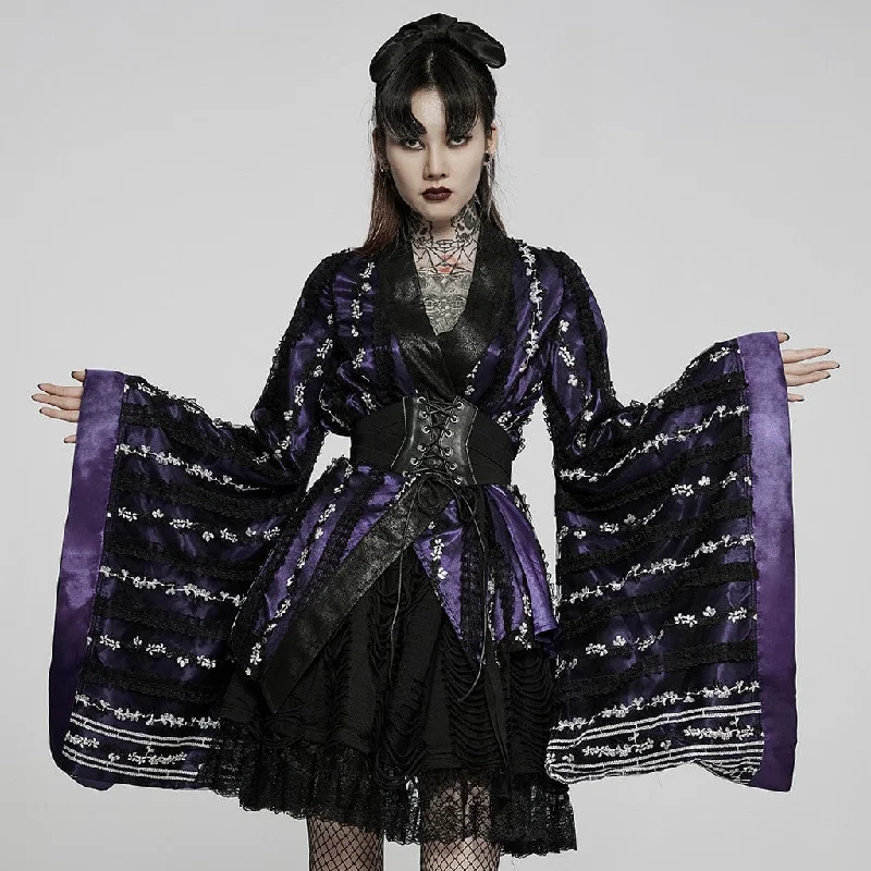Petite women's wool blend coats with a tailored fit for a flattering silhouetteWomen's Gothic Floral Lace Kimono Coat Purple With Belt Petite women's wool blend coats with a tailored fit for a flattering silhouetteWomen's Gothic Floral Lace Kimono Coat Purple With Belt