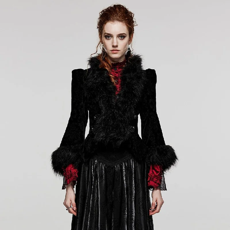 Women's long - sleeve wool coats in a houndstooth pattern for a classic charmWomen's Gothic Plunging Faux Fur Splice Velvet Coat Women's long - sleeve wool coats in a houndstooth pattern for a classic charmWomen's Gothic Plunging Faux Fur Splice Velvet Coat