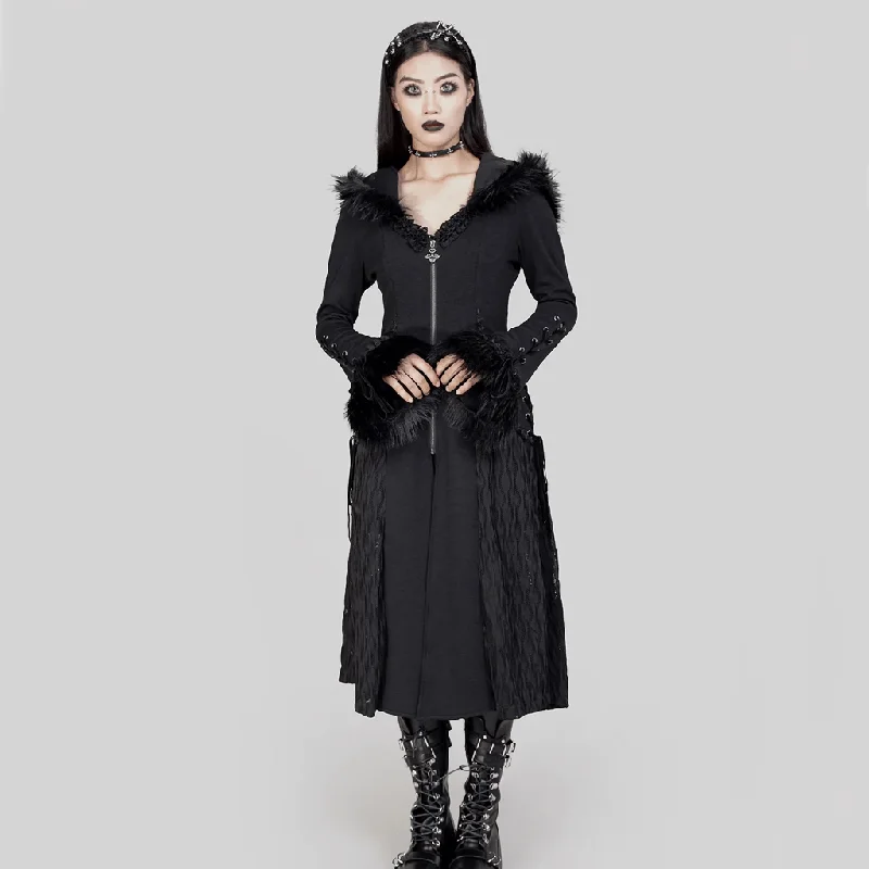 Mid - length women's down coats in a slim fit for a modern and sleek appearanceWomen's Gothic Flared Sleeved Faux Fur Splice Coat with Hood Mid - length women's down coats in a slim fit for a modern and sleek appearanceWomen's Gothic Flared Sleeved Faux Fur Splice Coat with Hood