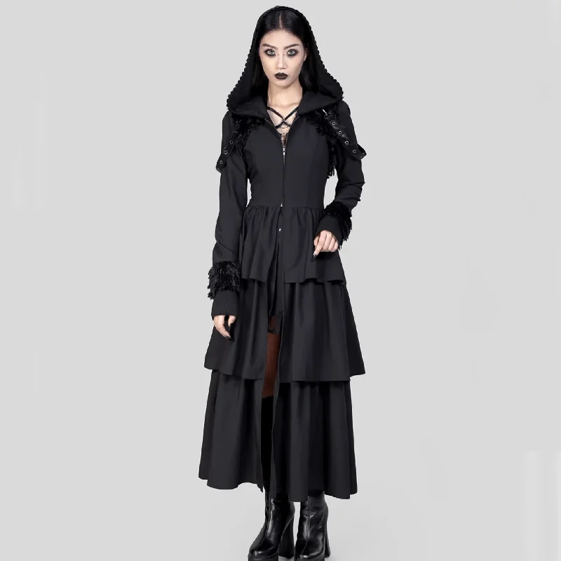 Water - resistant women's trench coats with adjustable cuffs for rainy daysWomen's Gothic Plunging Flared Sleeved Split Coat with Hood Water - resistant women's trench coats with adjustable cuffs for rainy daysWomen's Gothic Plunging Flared Sleeved Split Coat with Hood