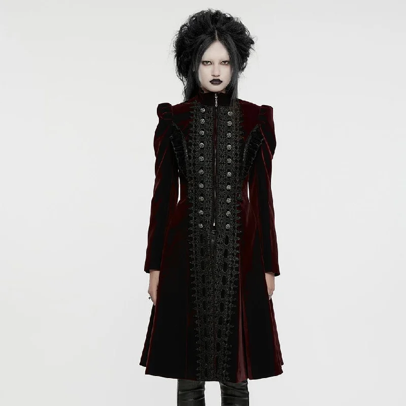 Petite women's wool blend coats with a tailored fit for a flattering silhouetteWomen's Gothic Puff Sleeved Floral Embroidered Coat Red Petite women's wool blend coats with a tailored fit for a flattering silhouetteWomen's Gothic Puff Sleeved Floral Embroidered Coat Red