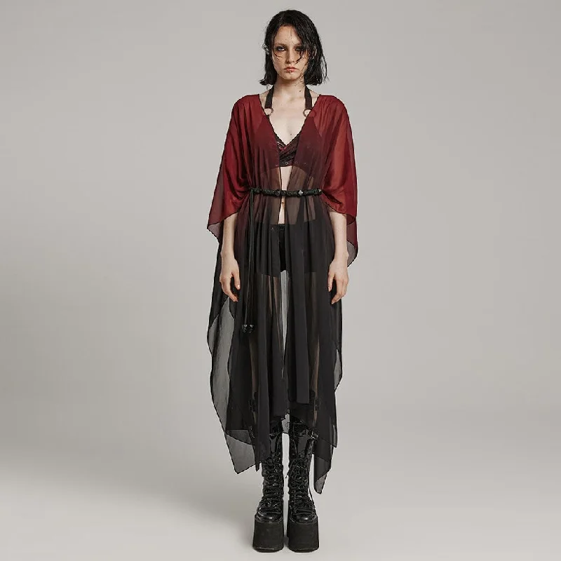 Long women's mac coats in a lightweight fabric for spring showersWomen's Gothic Sheer Ruffled Loose Coat Black-Red Long women's mac coats in a lightweight fabric for spring showersWomen's Gothic Sheer Ruffled Loose Coat Black-Red