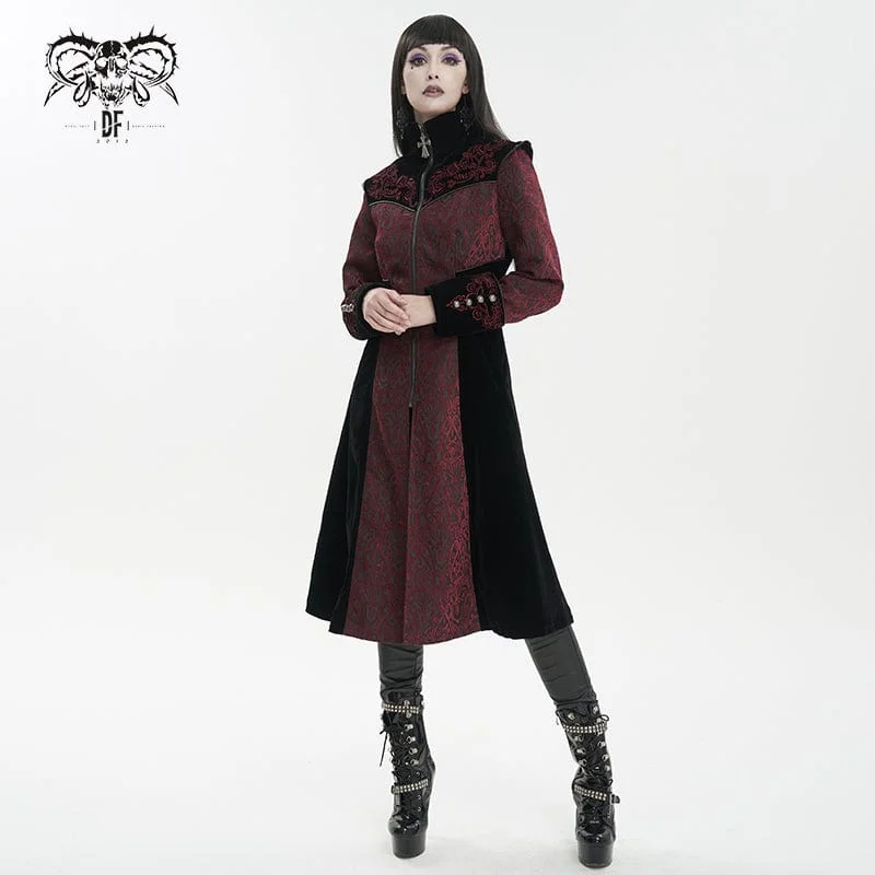 Petite women's wool blend coats with a tailored fit for a flattering silhouetteWomen's Gothic Stand Collar Floral Embroidered Coat Red