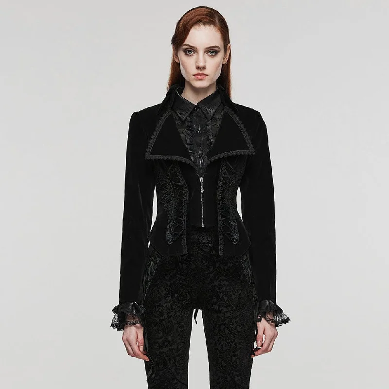 Women's cropped leather coats with silver studs for an edgy lookWomen's Gothic Turn-down Collar Lace-up Velvet Coat Black Women's cropped leather coats with silver studs for an edgy lookWomen's Gothic Turn-down Collar Lace-up Velvet Coat Black