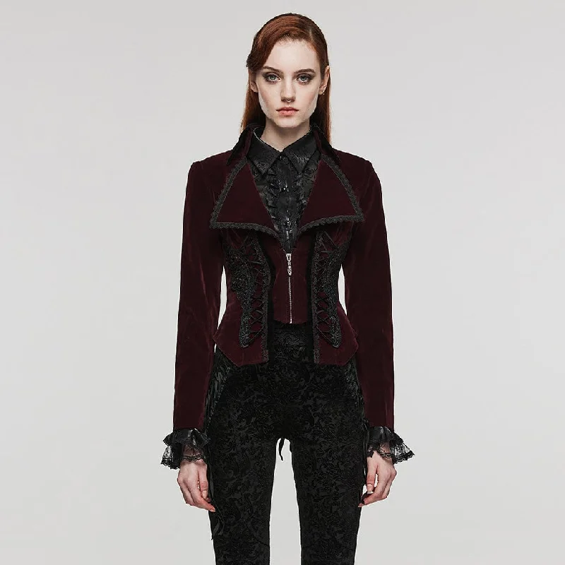 Long women's mac coats in a lightweight fabric for spring showersWomen's Gothic Turn-down Collar Lace-up Velvet Coat Red Long women's mac coats in a lightweight fabric for spring showersWomen's Gothic Turn-down Collar Lace-up Velvet Coat Red