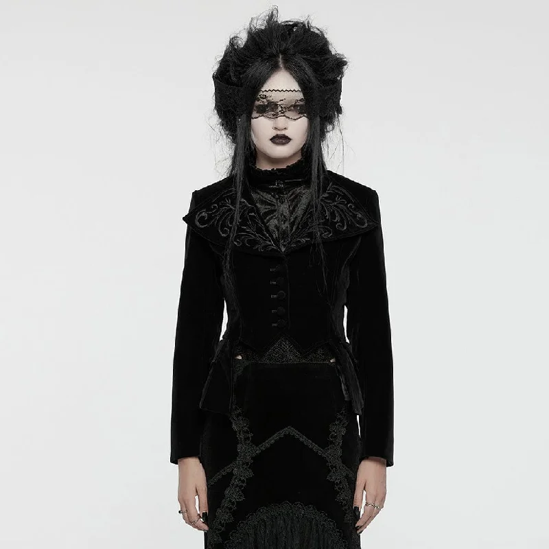 Embroidered women's cotton coats in a bohemian pattern for a unique designWomen's Gothic Turn-down Collar Swallow-tailed Velvet Jacket Black Embroidered women's cotton coats in a bohemian pattern for a unique designWomen's Gothic Turn-down Collar Swallow-tailed Velvet Jacket Black
