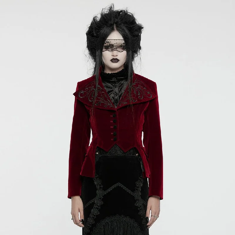 Women's pea coats with brass buttons for a nautical - inspired styleWomen's Gothic Turn-down Collar Swallow-tailed Velvet Jacket Red Women's pea coats with brass buttons for a nautical - inspired styleWomen's Gothic Turn-down Collar Swallow-tailed Velvet Jacket Red