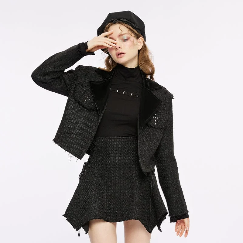 Women's long - sleeve wool coats in a houndstooth pattern for a classic charmWomen's Gothic Turn-down Collar Unedged Coat Women's long - sleeve wool coats in a houndstooth pattern for a classic charmWomen's Gothic Turn-down Collar Unedged Coat