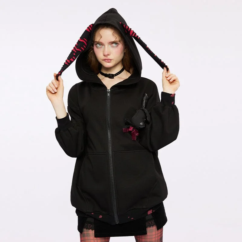 Water - resistant women's trench coats with adjustable cuffs for rainy daysWomen's Grunge Bloodstain Printed Coat with Rabbit Ears Hood Water - resistant women's trench coats with adjustable cuffs for rainy daysWomen's Grunge Bloodstain Printed Coat with Rabbit Ears Hood
