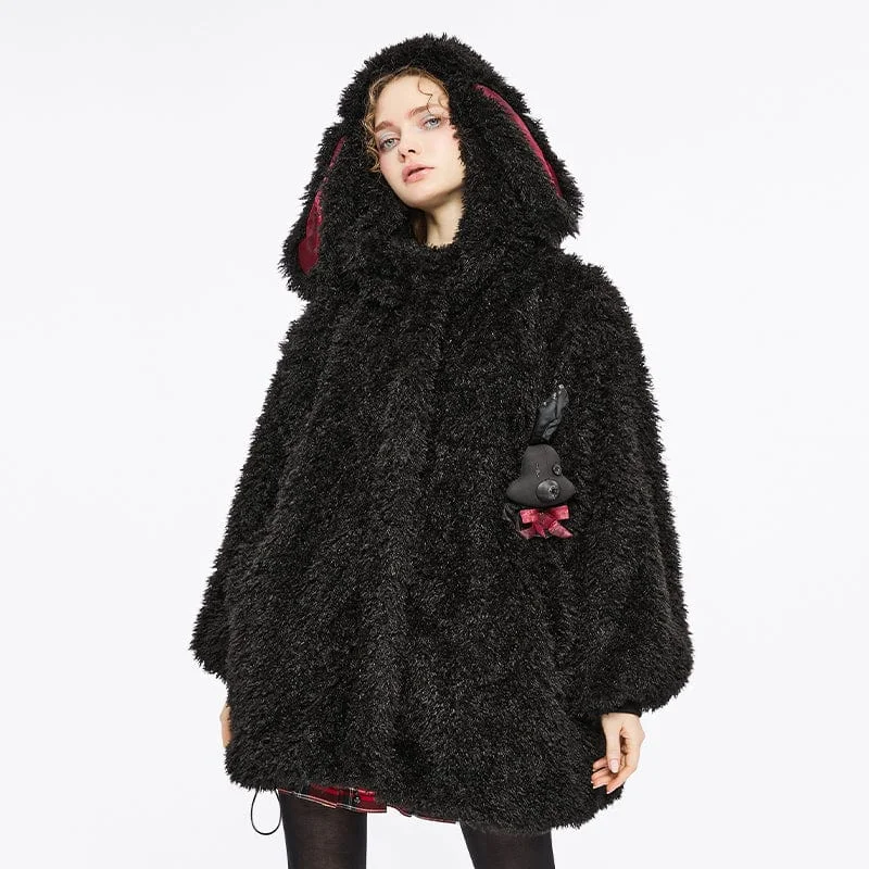Embroidered women's cotton coats in a bohemian pattern for a unique designWomen's Grunge Drawstring Woolen Coat with Rabbit Hood Embroidered women's cotton coats in a bohemian pattern for a unique designWomen's Grunge Drawstring Woolen Coat with Rabbit Hood