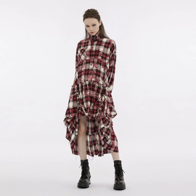 Women's long - sleeve wool coats in a houndstooth pattern for a classic charmWomen's Grunge Stand Collar Ruffled Plaid Coat Women's long - sleeve wool coats in a houndstooth pattern for a classic charmWomen's Grunge Stand Collar Ruffled Plaid Coat
