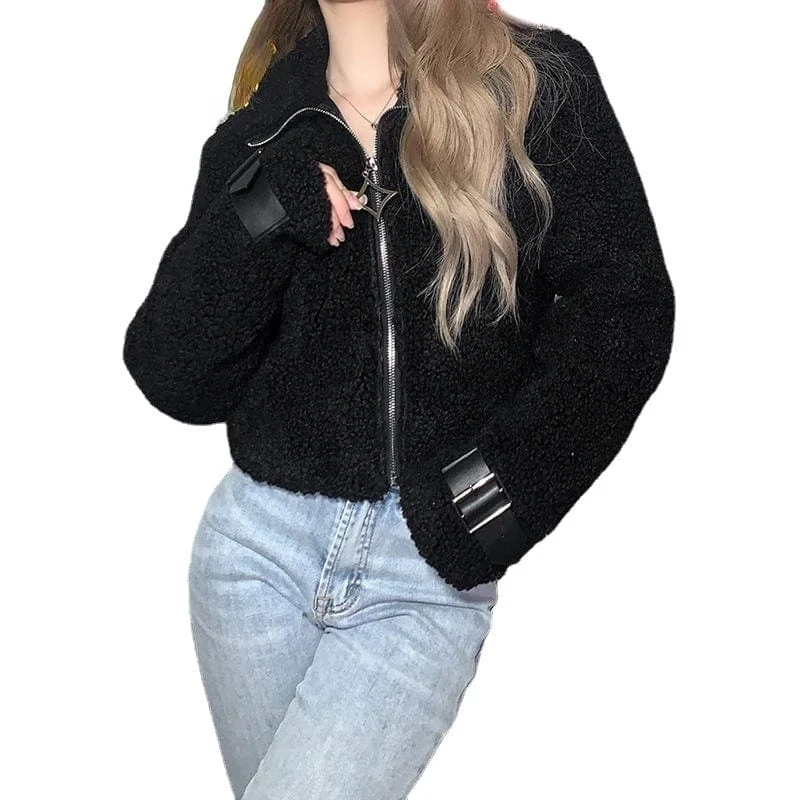 Plus size women's wool blend coats for a warm and stylish winterWomen's Grunge Turn-down Collar Buckles Sherpa Coat Plus size women's wool blend coats for a warm and stylish winterWomen's Grunge Turn-down Collar Buckles Sherpa Coat