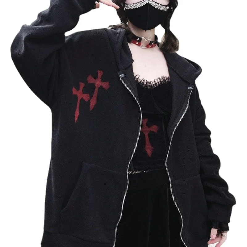 Quilted down women's coats with removable hoods for outdoor activitiesWomen's Punk Cross Printed Coat with Hood Quilted down women's coats with removable hoods for outdoor activitiesWomen's Punk Cross Printed Coat with Hood