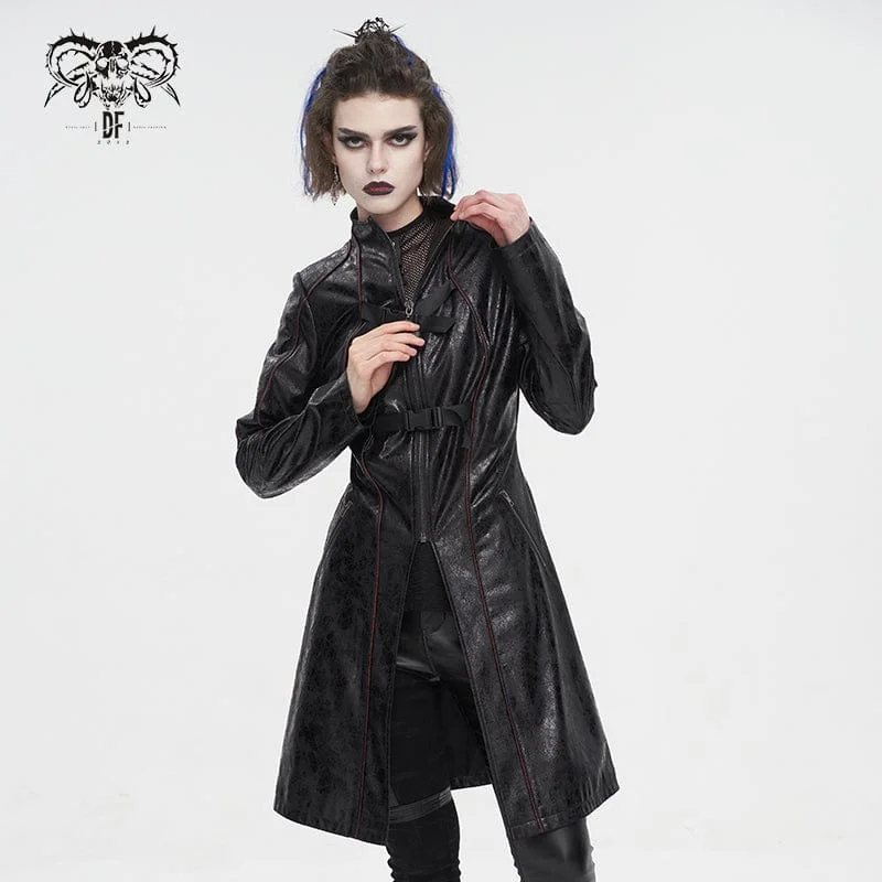 Women's long - sleeve wool coats in a houndstooth pattern for a classic charmWomen's Punk Double-buckle Faux Leather Coat Black Women's long - sleeve wool coats in a houndstooth pattern for a classic charmWomen's Punk Double-buckle Faux Leather Coat Black