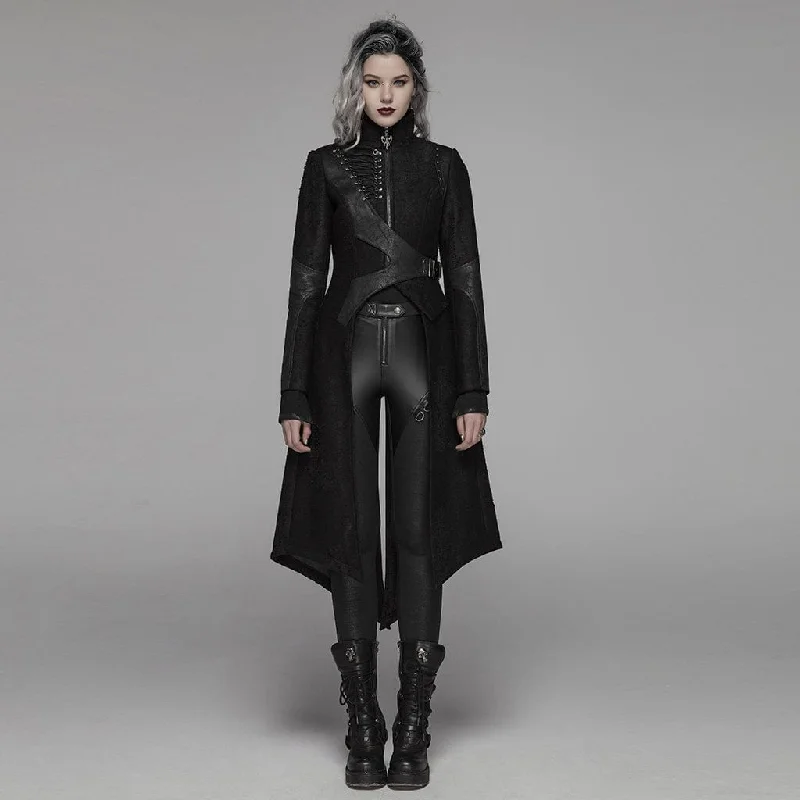 Women's waterproof parka coats with multiple pockets for practicalityWomen's Punk Lace-Up Buckle Faux Leather Long Jacket