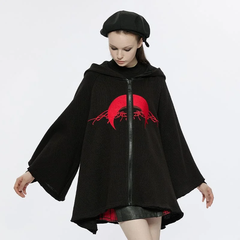 Hooded women's puffer coats in neon colors for high - visibility sportsWomen's Punk Moon Embroidered Loose Coat with Witch Hood Hooded women's puffer coats in neon colors for high - visibility sportsWomen's Punk Moon Embroidered Loose Coat with Witch Hood