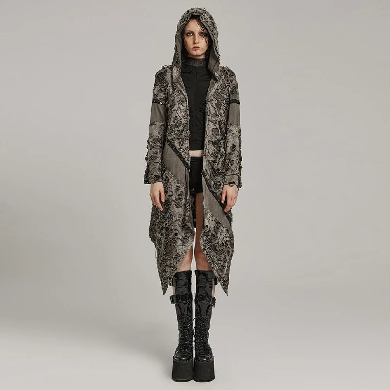 Women's long - sleeve wool coats in a houndstooth pattern for a classic charmWomen's Punk Ripped Eyelet Ruffled Distressed Coat with Hood Women's long - sleeve wool coats in a houndstooth pattern for a classic charmWomen's Punk Ripped Eyelet Ruffled Distressed Coat with Hood