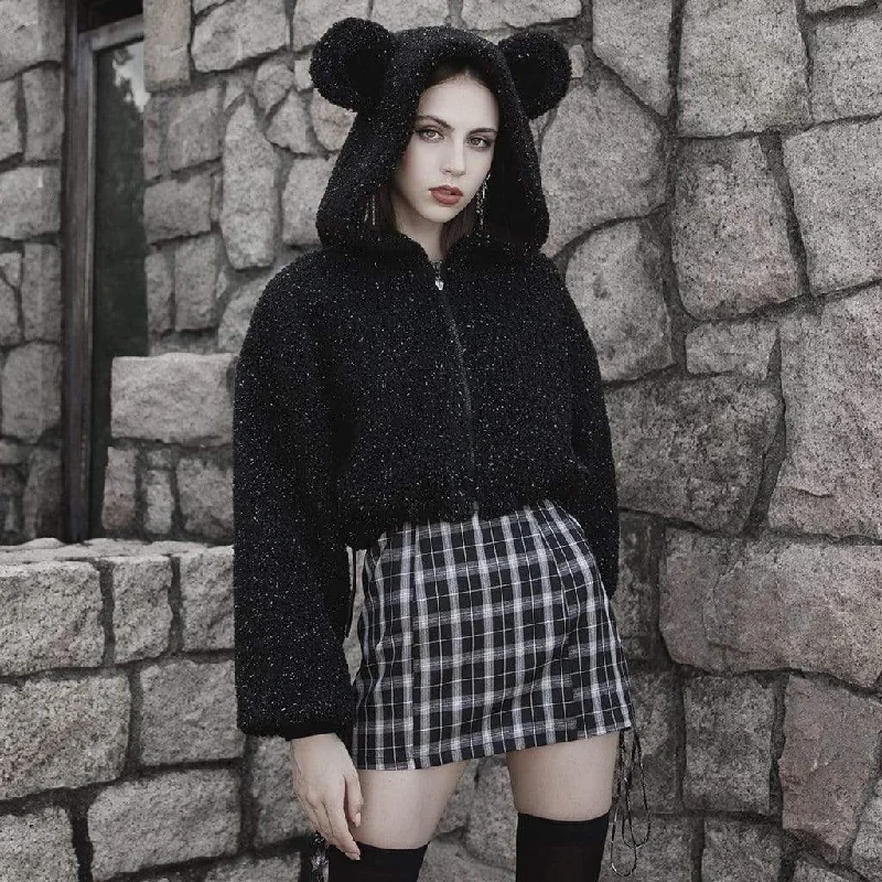 Checkered women's wool coats in a classic pattern for a timeless styleWomen's Punk Short Coat with Bear's Ear Hood Checkered women's wool coats in a classic pattern for a timeless styleWomen's Punk Short Coat with Bear's Ear Hood